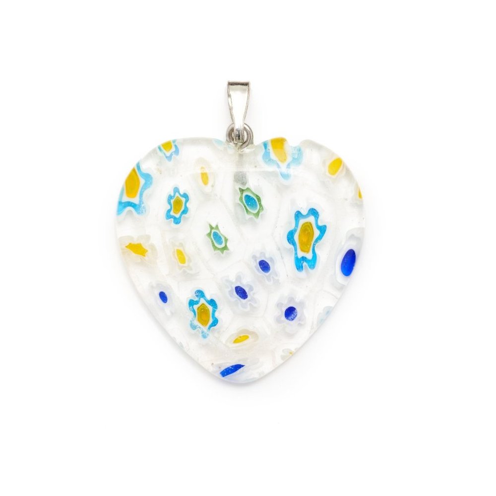 Millefiori Glass Clear Heart Shape with Blue Yellow & Green Flowers Necklace